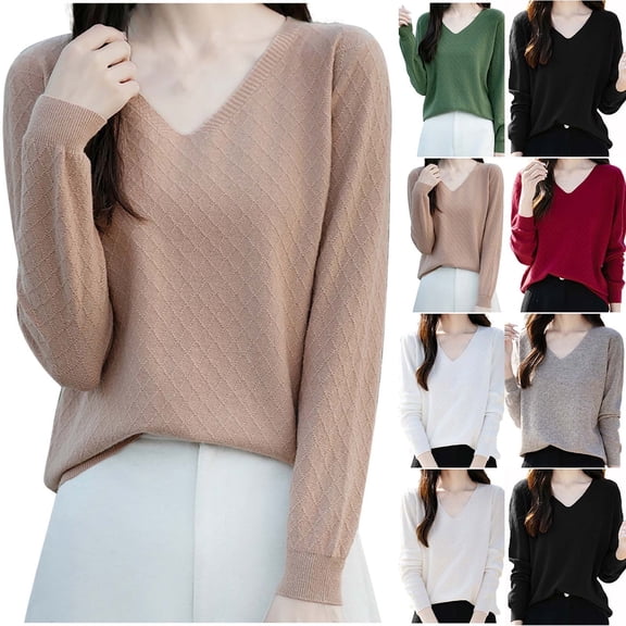 LOVZFMLL Sweaters for Women Acrylic V-Neck Ribbed Pullover Solid Color Casual Basic Undershirt Relaxed Fit Tops Warm Fall Winter Clothes