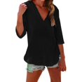 thumbnail image 2 of Women's Cotton Linen Hooded Cover Up, 3/4 Sleeve V-Neck Pocket Shirt, Lightweight Beach Kimono for Bikini Cover, Summer Vacation, and Resort Wear-Black, 2 of 9