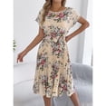 thumbnail image 4 of Lovzfmll Maxi Dress for Women, Crew Neck Short Sleeve with Batwing Sleeve & Tie Waist, Casual Pleated Dress Beige, S, 4 of 9
