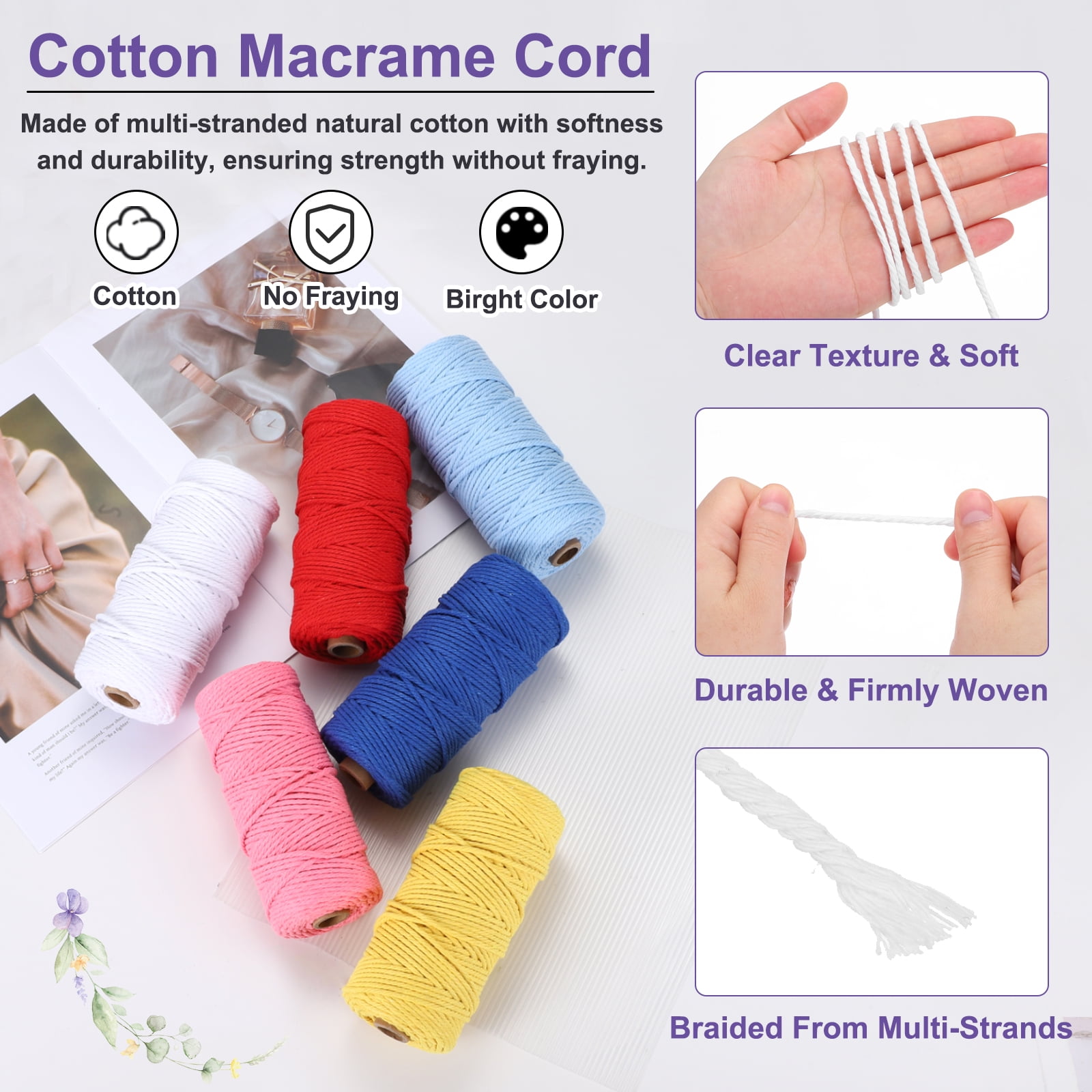 Braided Macrame Cord, 3mm x 109 Yards Natural Cotton Rope Macrame Yarn Bohemia Craft String with Scissors(White)