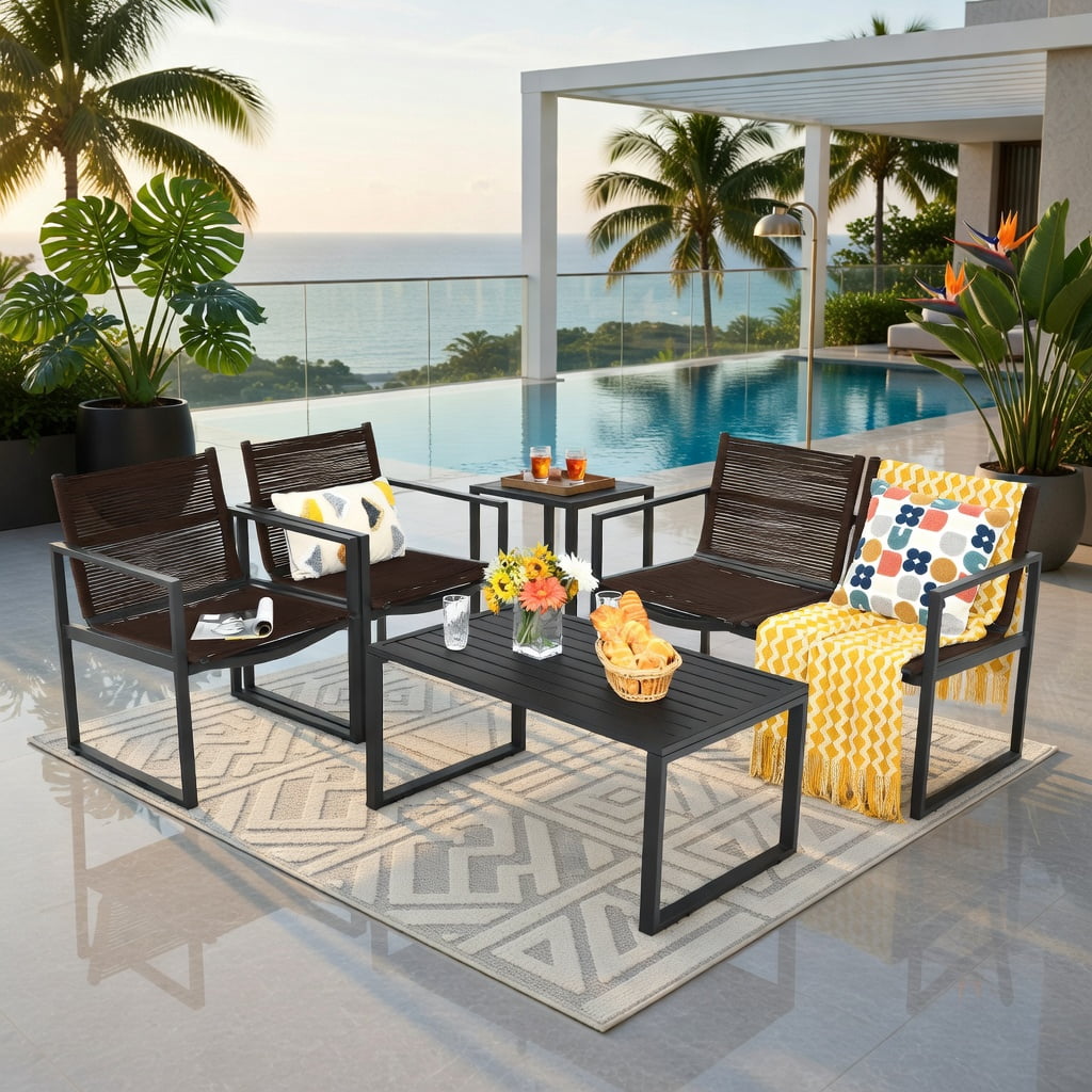 Hommoo 4-Piece Modern Outdoor Patio Conversation Set, Steel Frame Sofa Loveseat with Coffee Table, Weather-Resistant Polyester Rope Design for Backyard, Poolside & Balcony, Brown and Black
