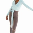 thumbnail image 4 of Womens Ballet Wrap Top Long Sleeve Tie Front Workout Cover Up Pilates Yoga Tops Shirt Going Out Lake Blue S, 4 of 8