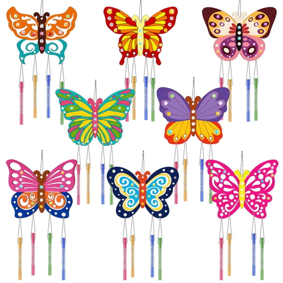 TSV 8pcs Butterfly Wind Chime Kits, Make Your Own Spring Wind Chimes, DIY Crafts Coloring Windchime for Window Home Decor