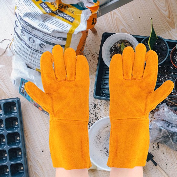 CRAFTHROU 1Par Guantes De Trabajo Para Jardín De Cuero Vacuno Amarillo Con Protección Para Manos
