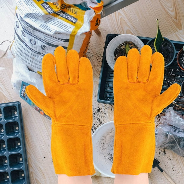 CRAFTHROU 1Par Guantes De Trabajo Para Jardín De Cuero Vacuno Amarillo Con Protección Para Manos