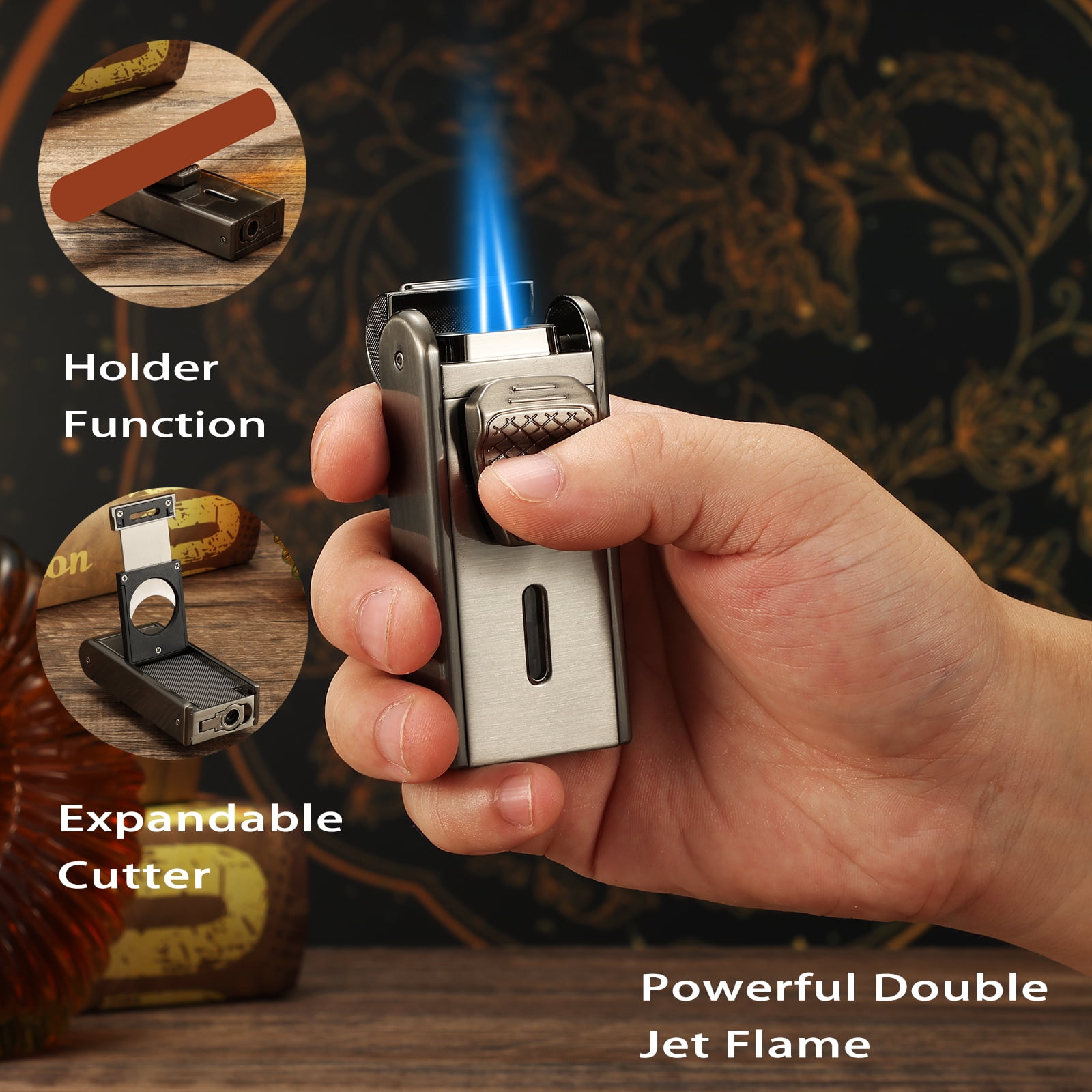 Portable Leather Cedar Wood Cigar Case with Double Jet Flame Lighter