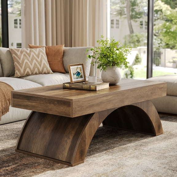 Finmind Rectangle Coffee Table with Arched Framed, 47-inch Farmhouse Center Cocktail Table for Living Room, Rustic Brown