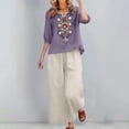 thumbnail image 6 of Women's Linen Two Piece Outfits, Embroidered Shirt Wide Leg Pants With Pockets Casual Summer Vacation Outfit Loose Comfortable Design, 6 of 6