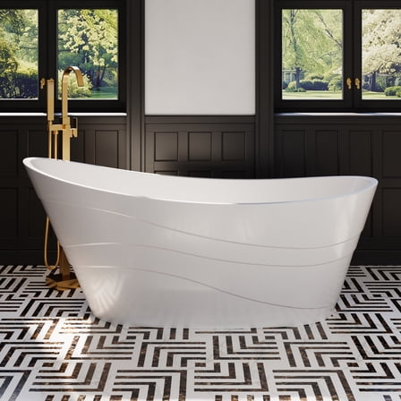 ANGELES HOME 67-Inch Freestanding Glossy White Acrylic Bathtub with White Bathtub Drain and Integrated Slotted Overflow, Freestanding Soaking Bathtub, Acrylic Soaking Tub, Glossy White