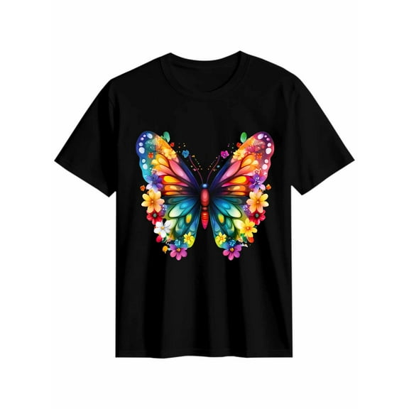 Women's T-Shirt Colorful Butterfly Cartoon Short Sleeve Casual Tee Classic Crew Neck T Shirt for Women Black, L