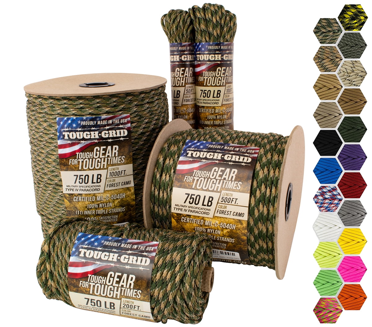 TOUGH-GRID 750lb Forest Camo Paracord / Parachute Cord - 100% Nylon Mil-Spec Type IV Paracord Used by The US Military, Great for Bracelets and Lanyards, 200Ft. - Forest Camo