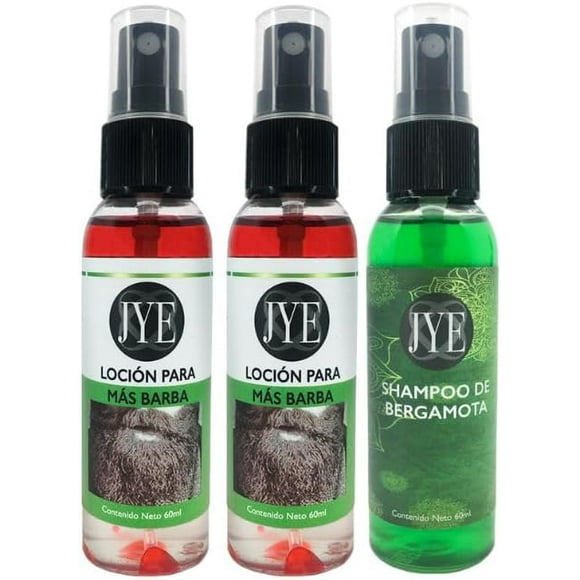 JYE Kit Tratamiento natural para el Crecimiento de Barba, Bigote y Cabello. Tratamietno natural anticaída. Incluye Loció Mas Barba y Shampoo de Bergamota