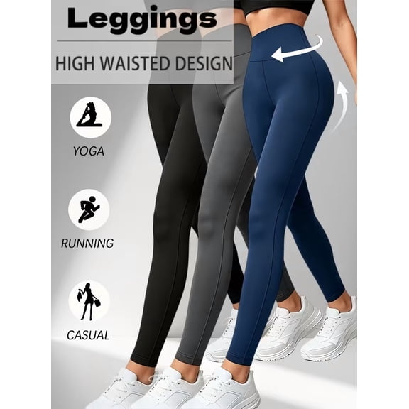 3 Pack Women High Waist Yoga Leggings, Stretch Workout Athletic Pants with Side Pockets