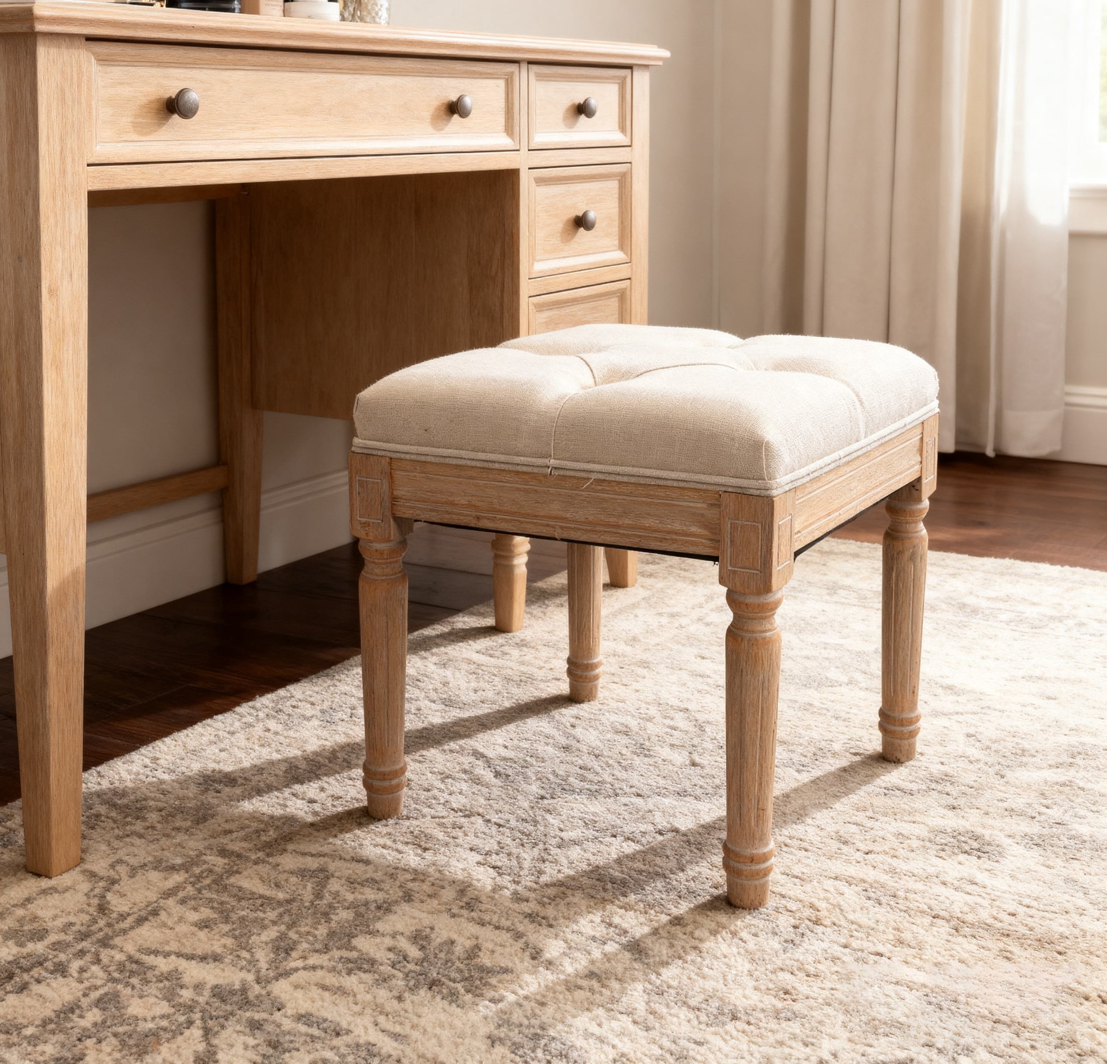 Noble House Edwin 16" Square Upholstered Ottoman Bench with Wood Legs, Rustic Vanity Stools for Bedroom, Beige