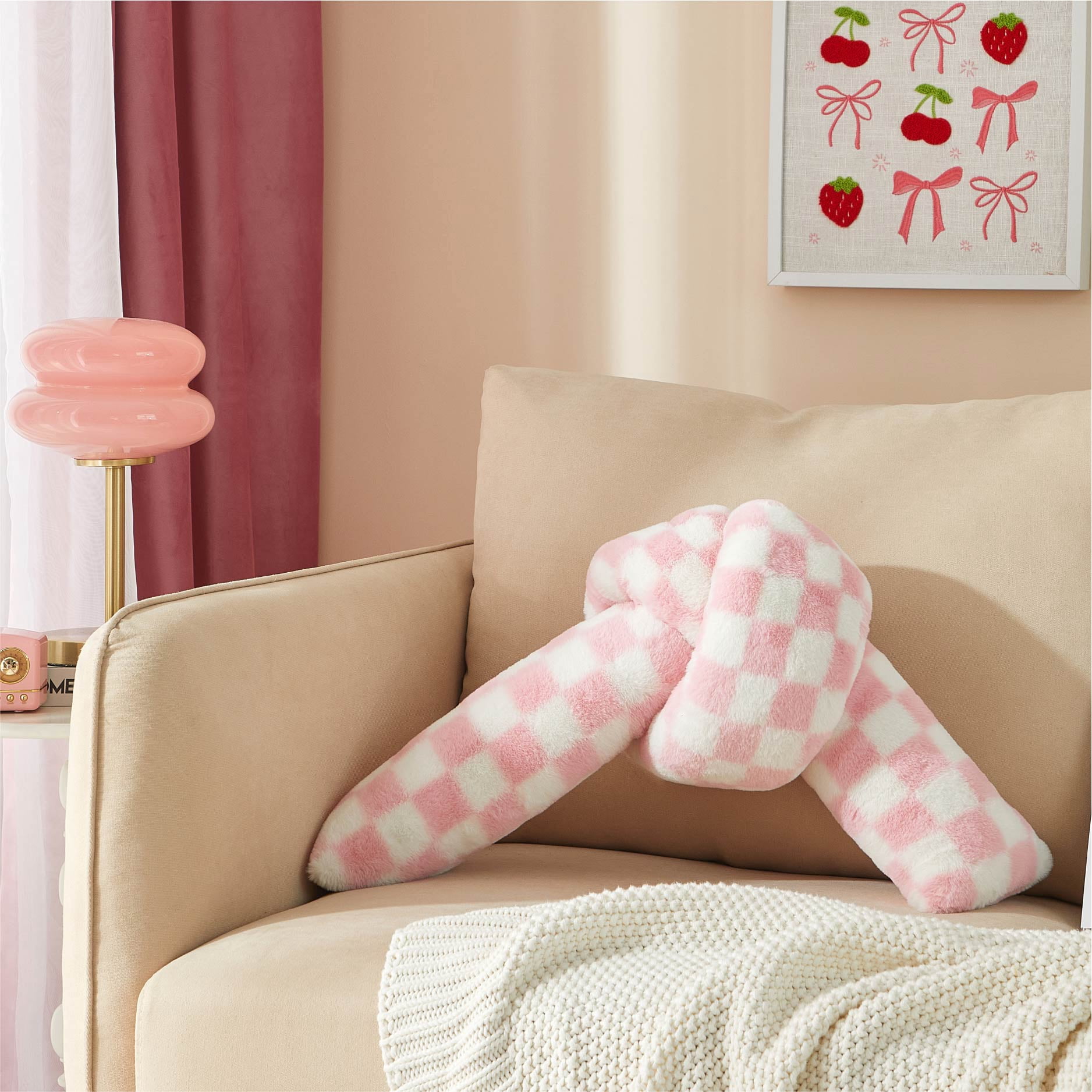 Mainstays Pink Checkered Knot Faux Fur Body Pillow, 22" L x 11" W