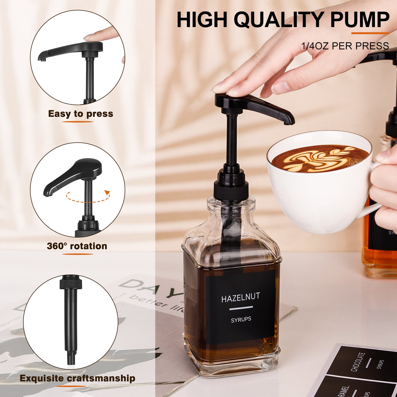 Topekada 4 Pack Glass Coffee Syrup Dispenser for Coffee Bar,Square Syrup Pump Dispenser with 1/4oz Large Capacity Pump,Coffee Syrup Bottles for Coffee Syrup,Dispenser Bottle for Syrup 16oz(Black)