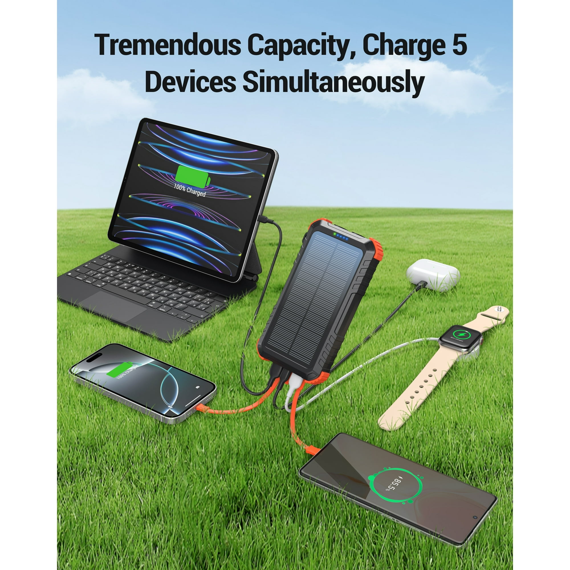 Super Capacity Solar Power Bank – Waterproof, Fast Charge, 3 Ports For IPhone Android Laptop