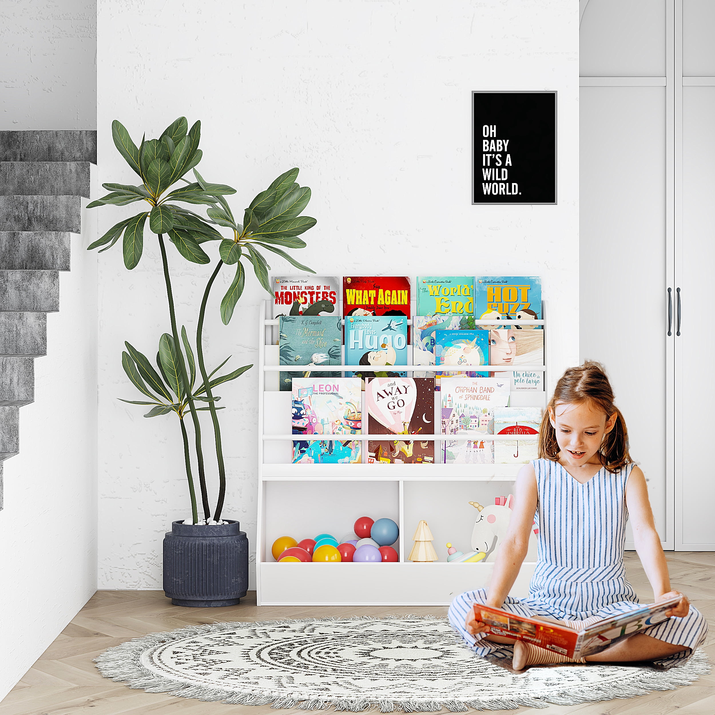 UTEX Kids Bookshelf, Wooden Toy Storage Cabinet Organizer Holder 2 Large Cubes,Children Bookcase Display Rack for Kids Room, Classroom, Nursery, Kindergarten (White Finish)