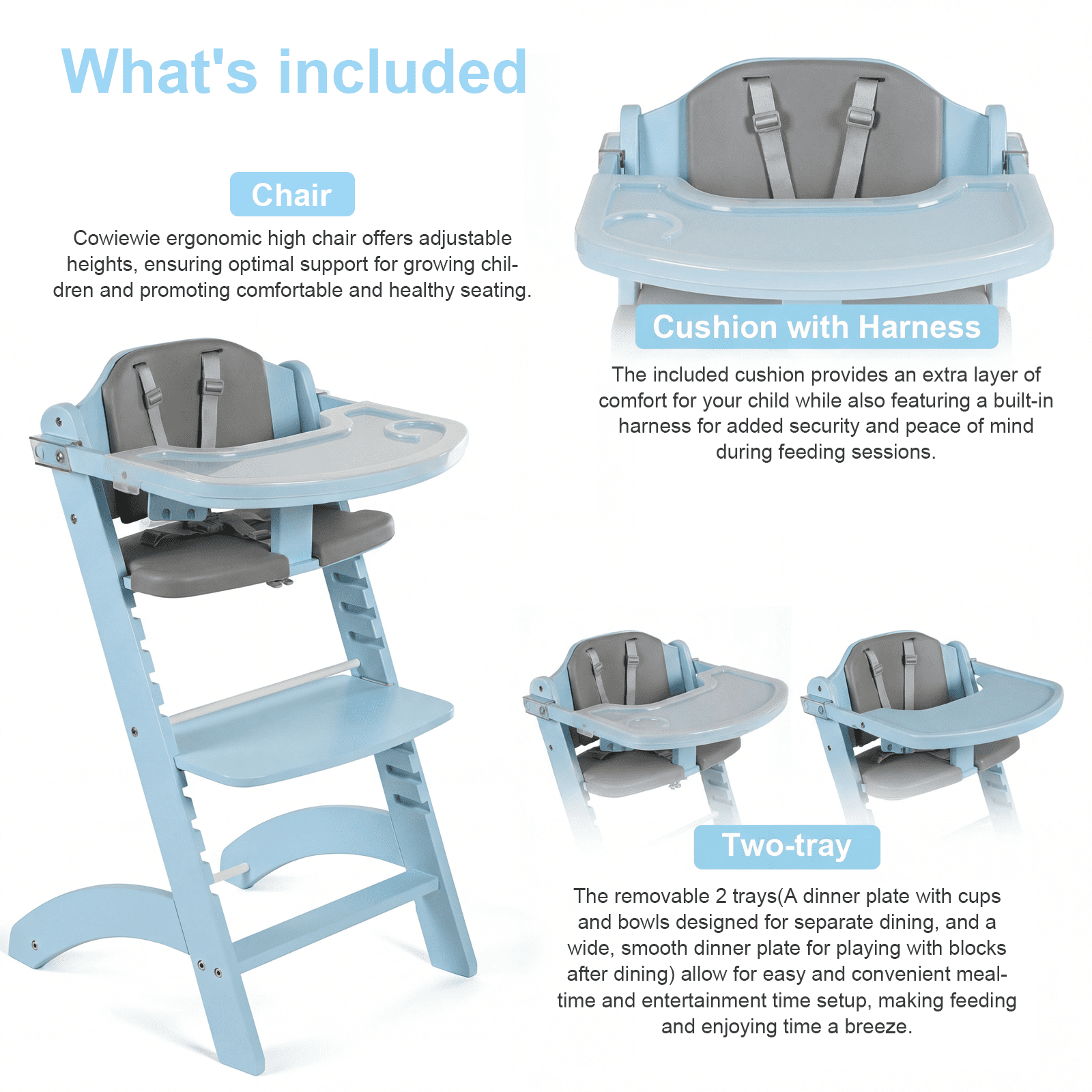 Cowiewie 3-in-1 Convertible Wooden Baby High Chair, 10-Level Height, 2-Tier Removable Tray, 2 Waterproof Cushions for Babies & Toddlers
