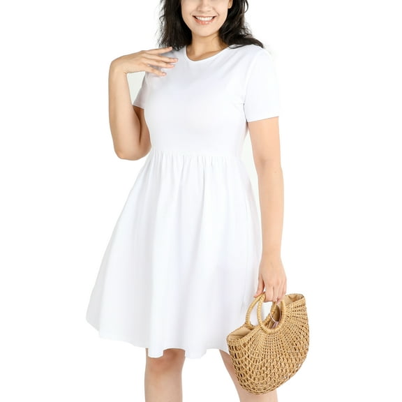 POSESHE Women's Plus Size Summer Dress, Short Sleeve Round-Neck Short Party Dress with Pockets