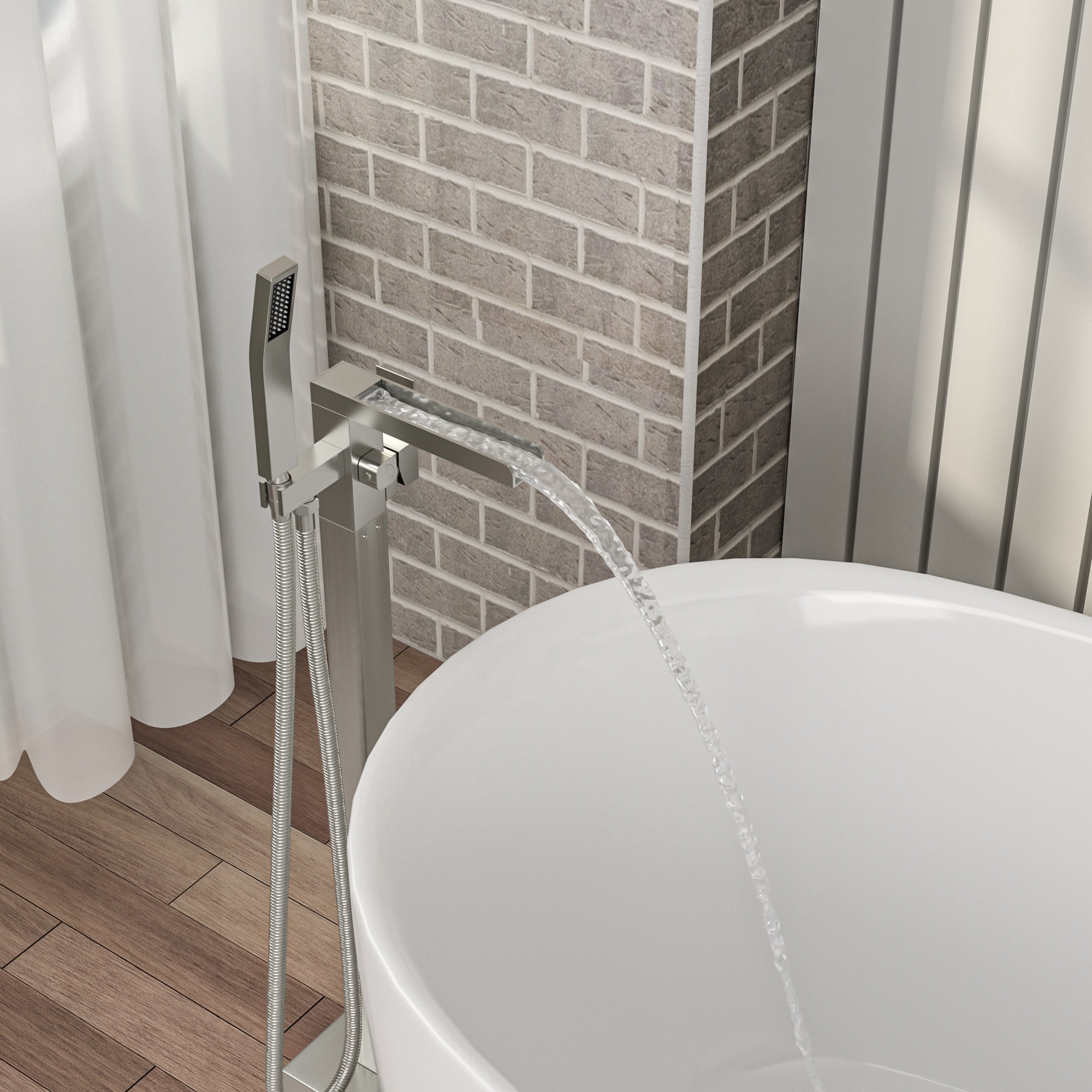 Freestanding Bathtub Faucet Waterfall Tub Filler Brushed Nickel Floor Mount Brass Bathroom Faucets with Hand Shower