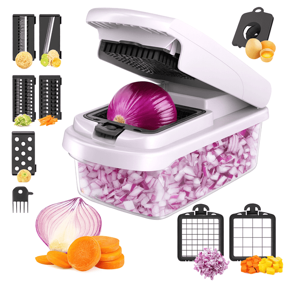 16-in-1 Vegetable Slicer Cutter Machine with Storage Container, Multifunctional Durable Chopper for Fruits, Onion, Zoodles, Cheese, Salad Prep, BPA-Free, Easy-to-Clean Kitchen Gadget ABS  Blades.