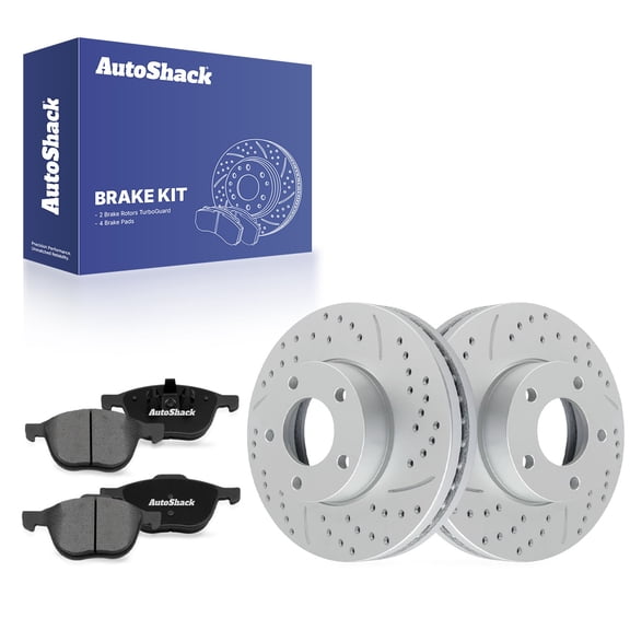 AutoShack Front Vented Drilled & Slotted Coated Brake Rotors Silver Matte Finish   Premium Ceramic Pads 6-PC Brake Kit Replacement for 2004-2013 Mazda 3 TurboGuard 10.94" (277.9 mm)