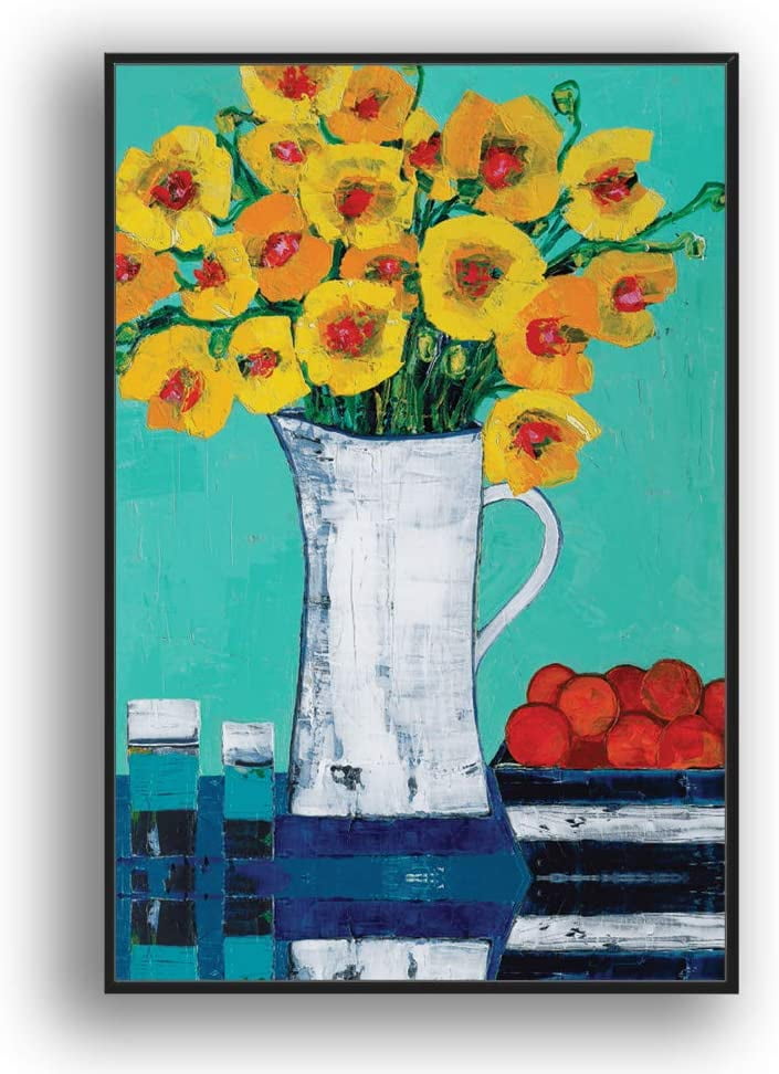 IDEA4WALL Framed Canvas Wall Art Minimalist Yellow Poppy in White Vase