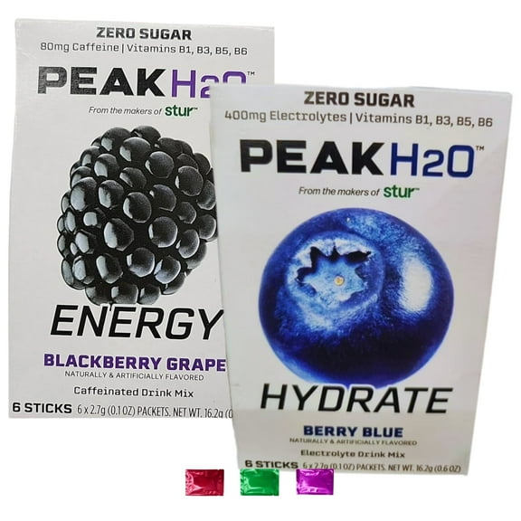 Peak H2O Hydrate Berry Blue & Energy Blackberry Grape Drink Mix, 12 Total Servings 2 Boxes, Zero Sugar Low Calorie Electrolyte Powder Beverage with Snoep in Beperkte Oplage