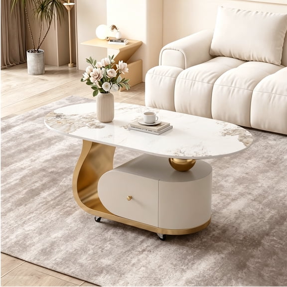 CasaBloom Sintered Stone Oval Coffee Table with Drawer and Lockable Wheels Mid-Century Modern Center Table for Living Room Storage Coffee Table