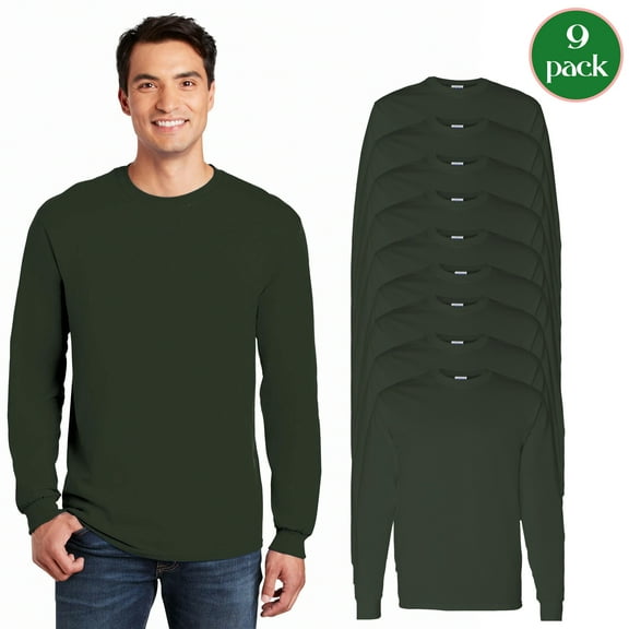 Gildan Adult’s Heavy Cotton Long Sleeve T-Shirt, Bulk Pack of 9 Forest Tee, Size S