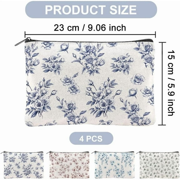 4Pcs Flower Makeup Bags 5.91x9.06 inch Orchid Roses Daisy Canvas Cosmetic Bags with Zipper Canvas Travel Toiletry Pouches for Women Party Shopping Home Travel Accessories