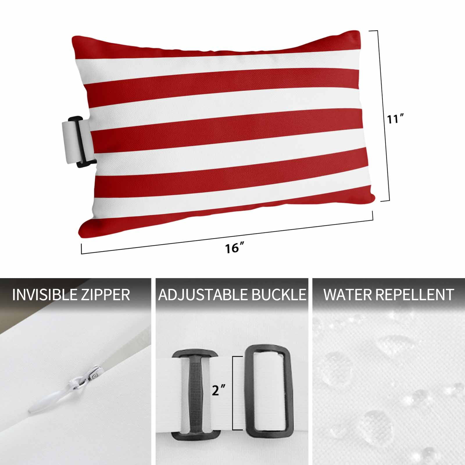 Modern Simple Outdoor Chaise Lounge Pillows Red White Stripes Lumbar Pillows with Insert Adjustable Elastic Strap Headrest Pillow for Recliner Patio Chair 2 Pack 11x16 Inch