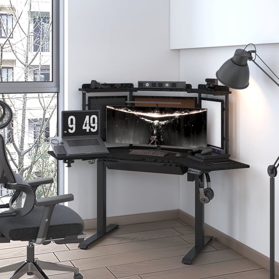 K314 Corner Electric Height Adjustable Standing Desk with Back Board and Drawer, Black