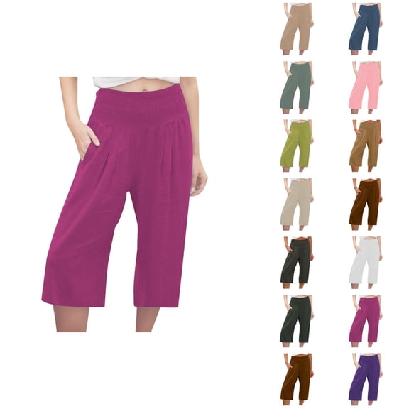Palazzo Capri Pants for Women Cotton Linen Lightweight Elastic Waist Wide Leg Loose Flowy Capris with Pockets