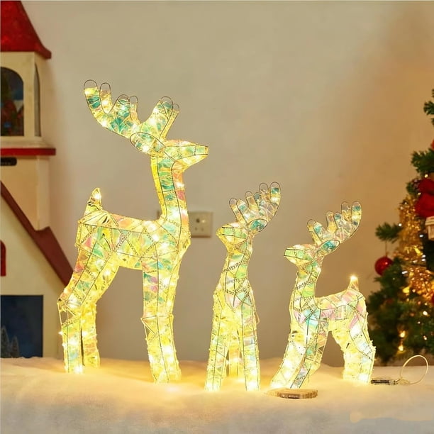 Set de adornos navideños de renos para exteriores con luces iridiscentes. Renos navideños familiares con luces LED. Decoración navideña para jardín. Manualidades decorativas.