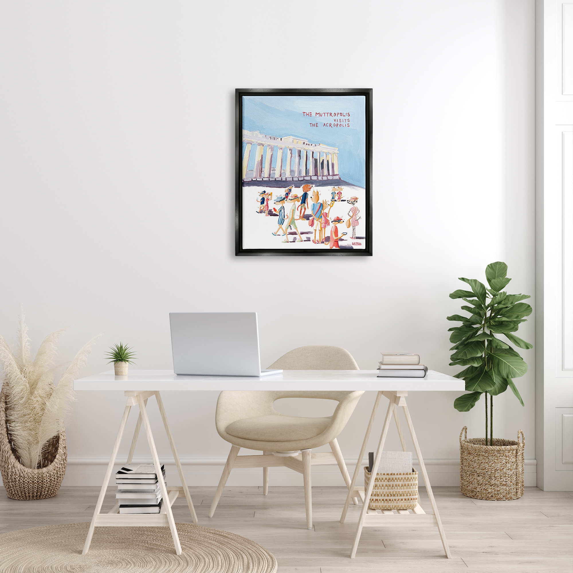 Stupell Industries Muttropolis Visits Acropolis Funny Animals & Insects Painting Black Floater Framed Art Print Wall Art