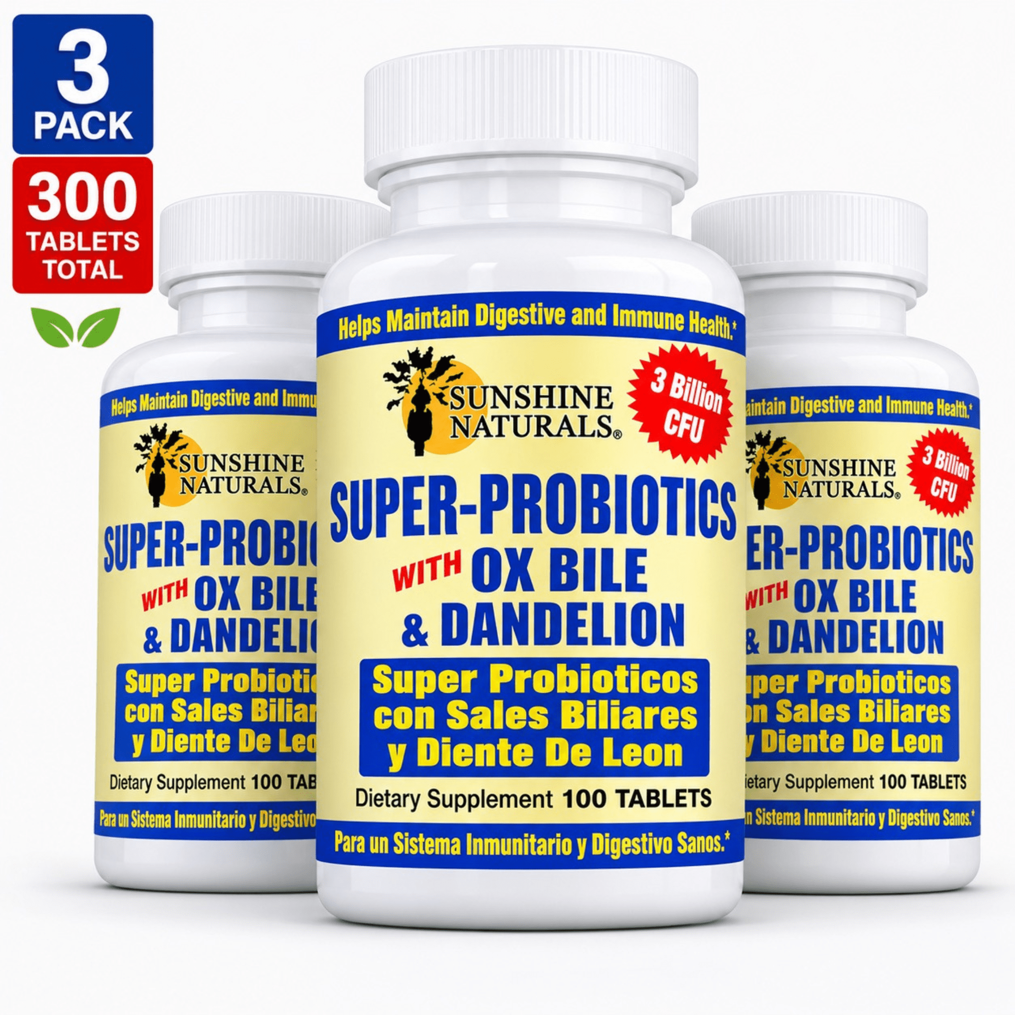 Sunshine Naturals Super Probiotics with Ox Bile & Dandelion, 3 Billion CFU, Digestive & Immune Health Support, 300 Tablets Total, 3 Pack