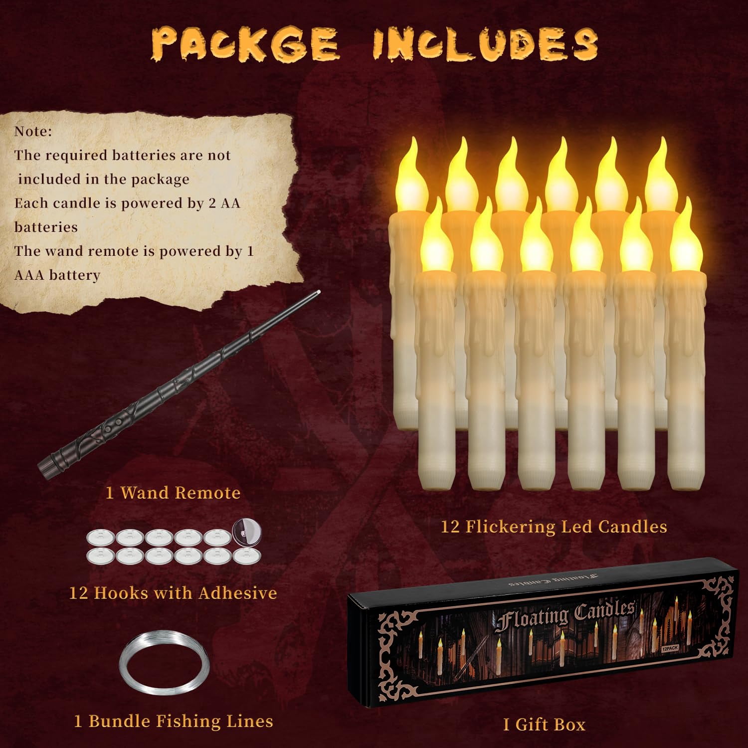 COCOBELA 12 Pcs Floating Candles with Wand, Magic Hanging Candles Flameless, Flickering Warm Light LED Taper Candle with Wand Remote, Battery Operated Window Candle for Halloween Witch Wizzard Decor