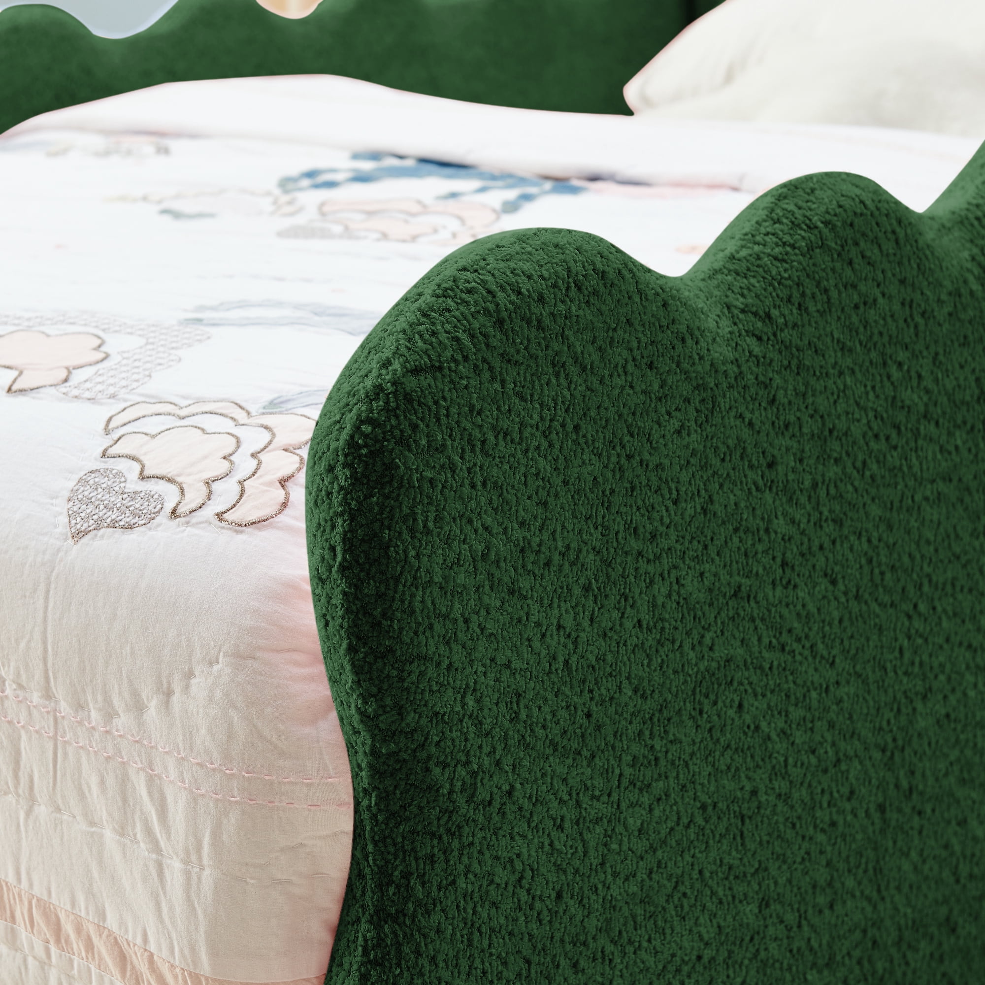 Avobird Twin Size Cute Dinosaur-Shaped Kids Bed with Safety Guardraild, Solid Wood Toddler Bed Frame for Children for Bedroom, Boucle Fabric, Blue