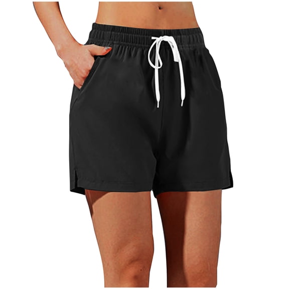 Busydd Womens Shorts Mid Rise Quick Dry Gym Running Shorts Solid Color Elastic Wasit Drawstring Yoga Workout Shorts Summer Casual Sweat Shorts with Pockets,Plus Size Shorts S-4XL