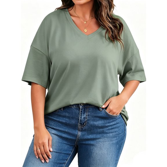 Short Sleeve Women's Plus Size Solid Color V-neck Casual Loose T-shirt Tops