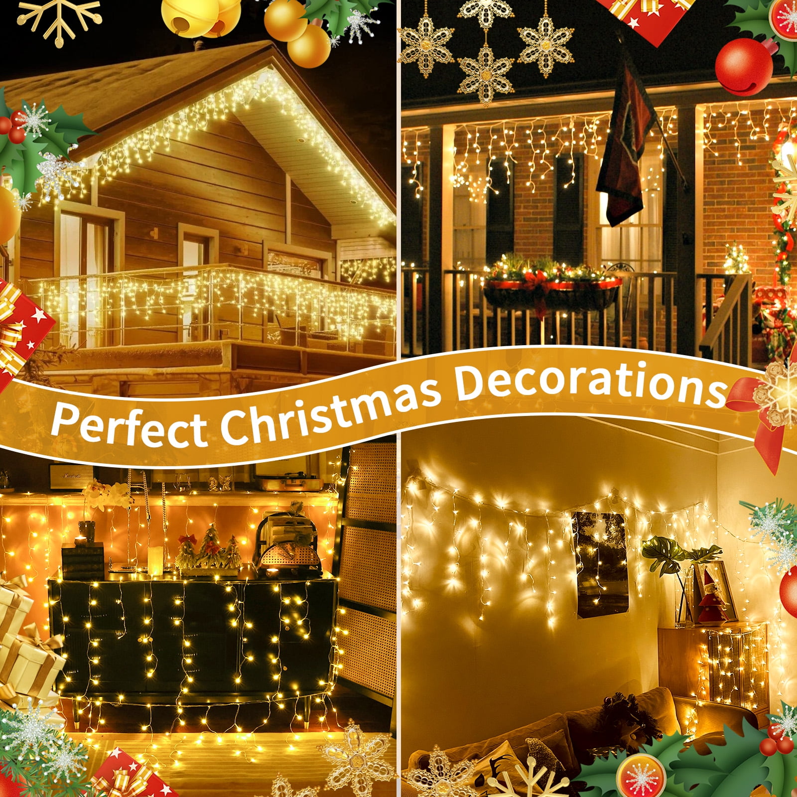 Warm White Decorative Lights , 45ft 594 LED Icicle Lights for Outside House with Connectable Clear Wire 8 Modes Timer, Plug in Waterproof for Eaves Yard Party Indoor Holiday Decoration