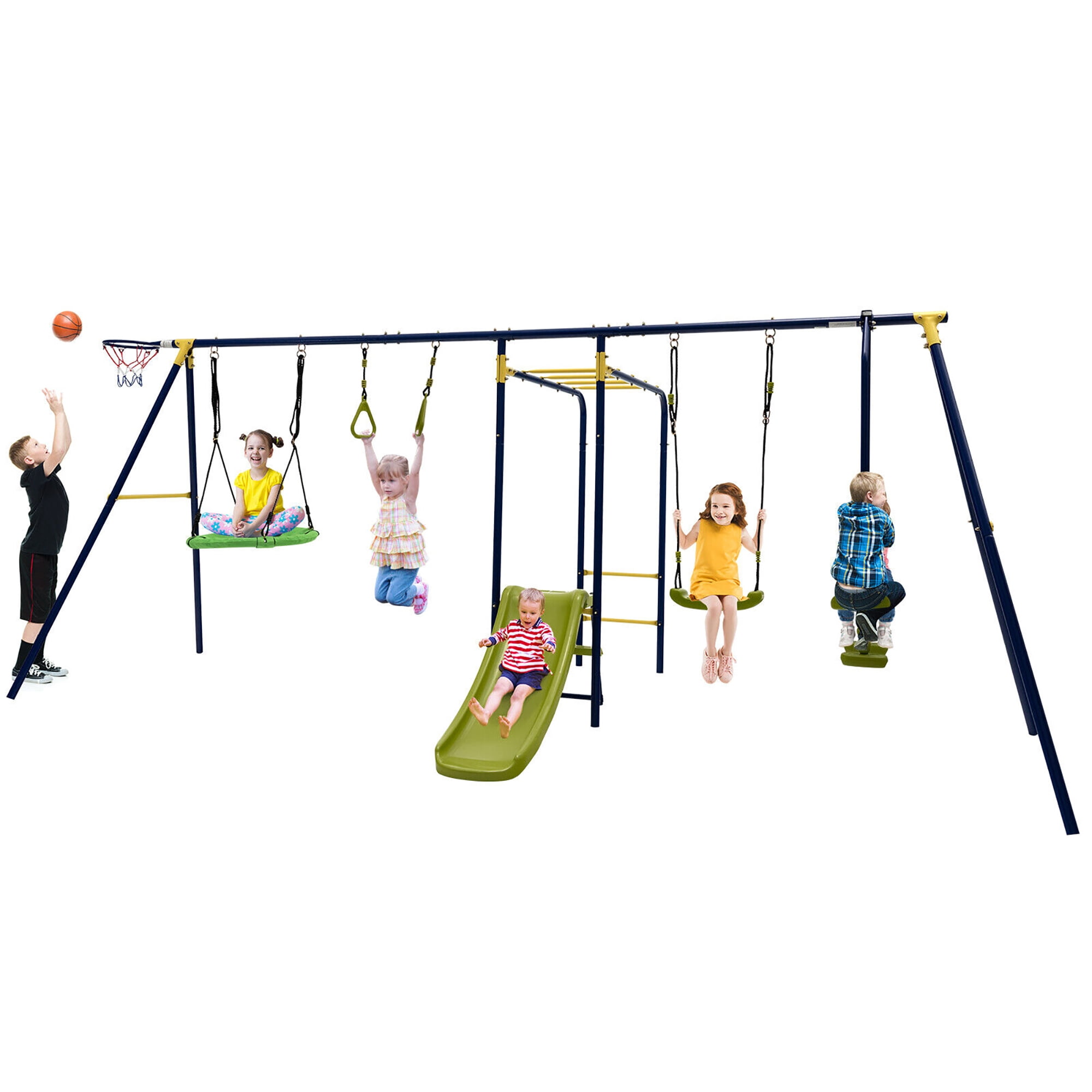 Gymax 660 lbs Kids Metal Swing Set for Backyard 7in1 Multifunctional