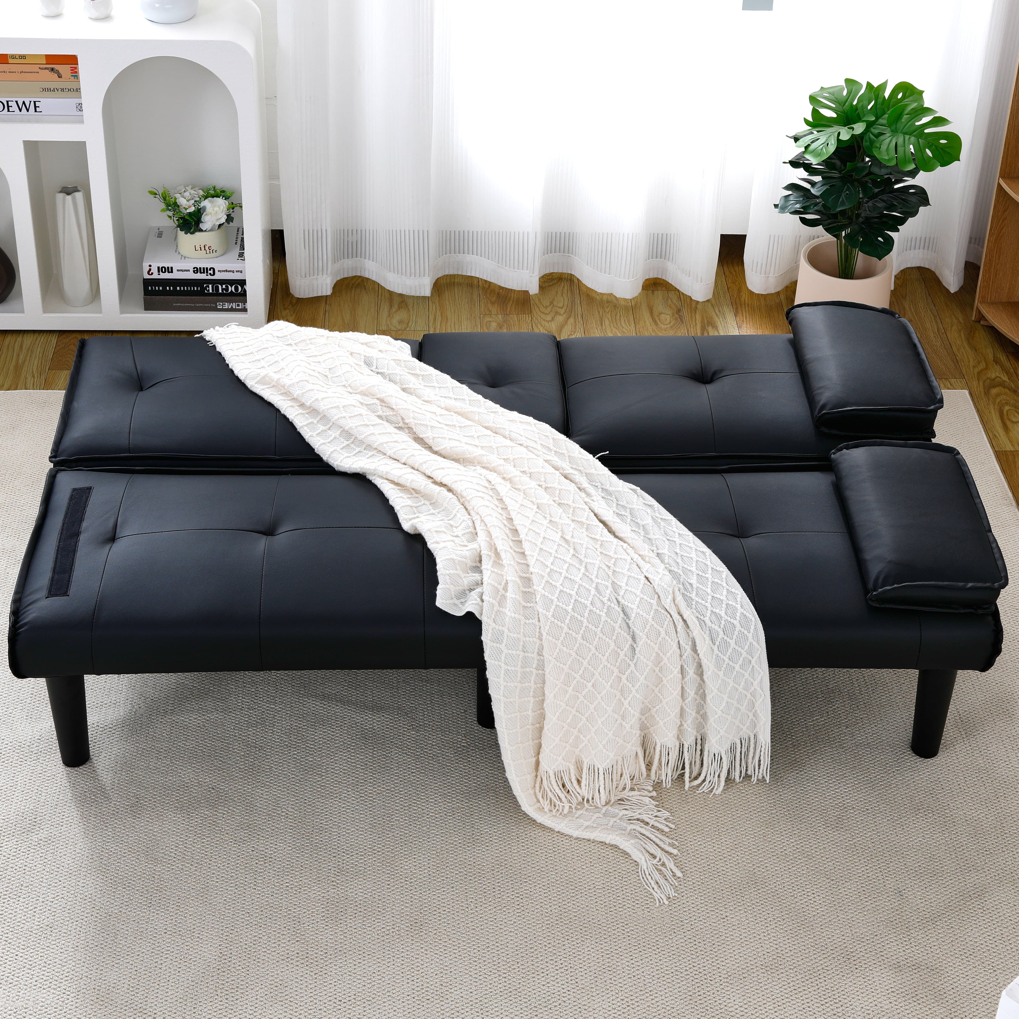 MAYEERTY 67" Convertible Sofa Bed PVC Loveseat Sofa with Cup Holder for Apartment, Living Room, Small Space, Black