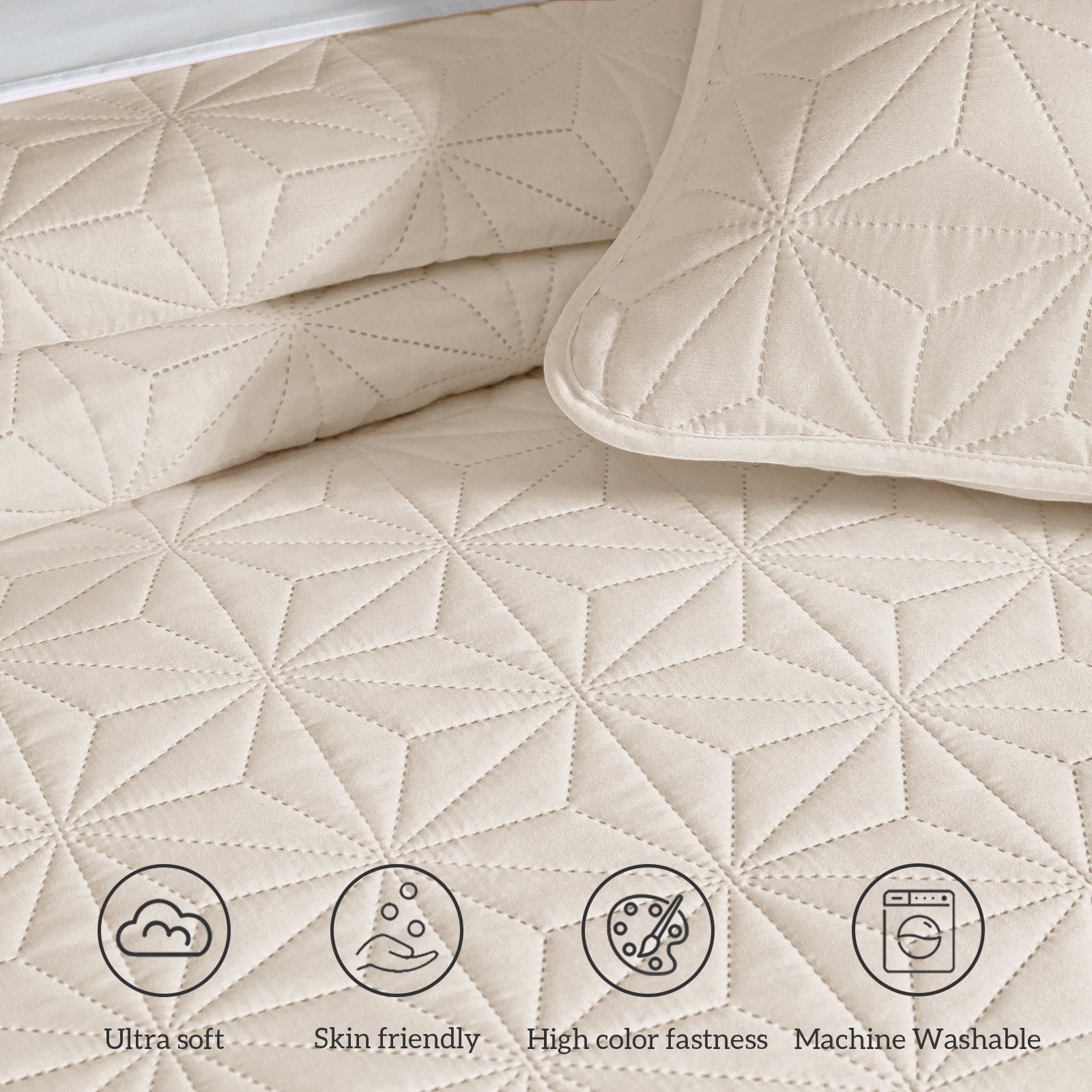 Whale Flotilla Microfiber King Size 96"x 104" Quilt Set Lightweight Quilted Bedspreads Coverlets Set with Stars Pattern, Brich Beige