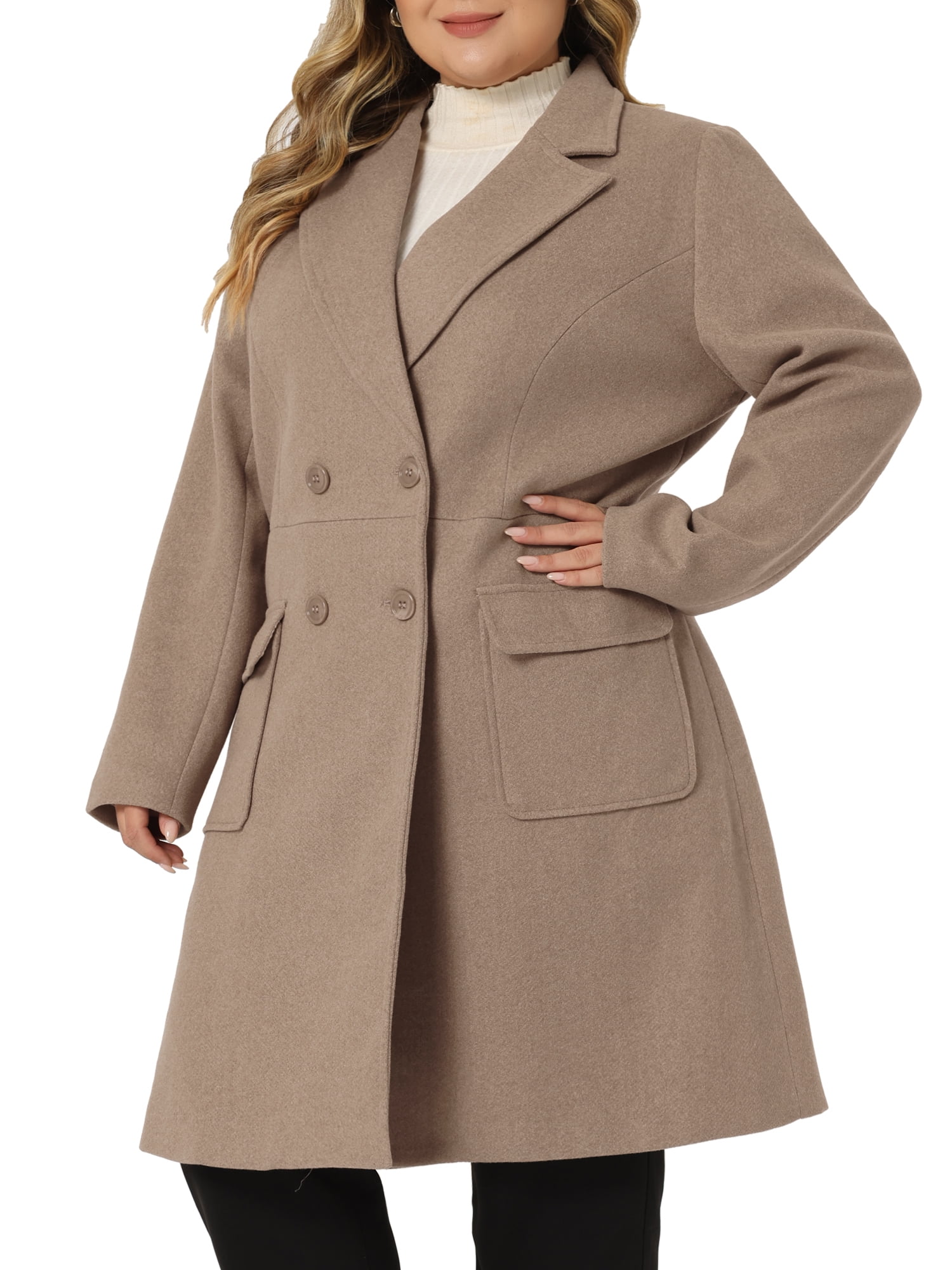 Unique Bargains Women's Plus Notched Lapel Double Breasted Long Coat Light Brown 4X