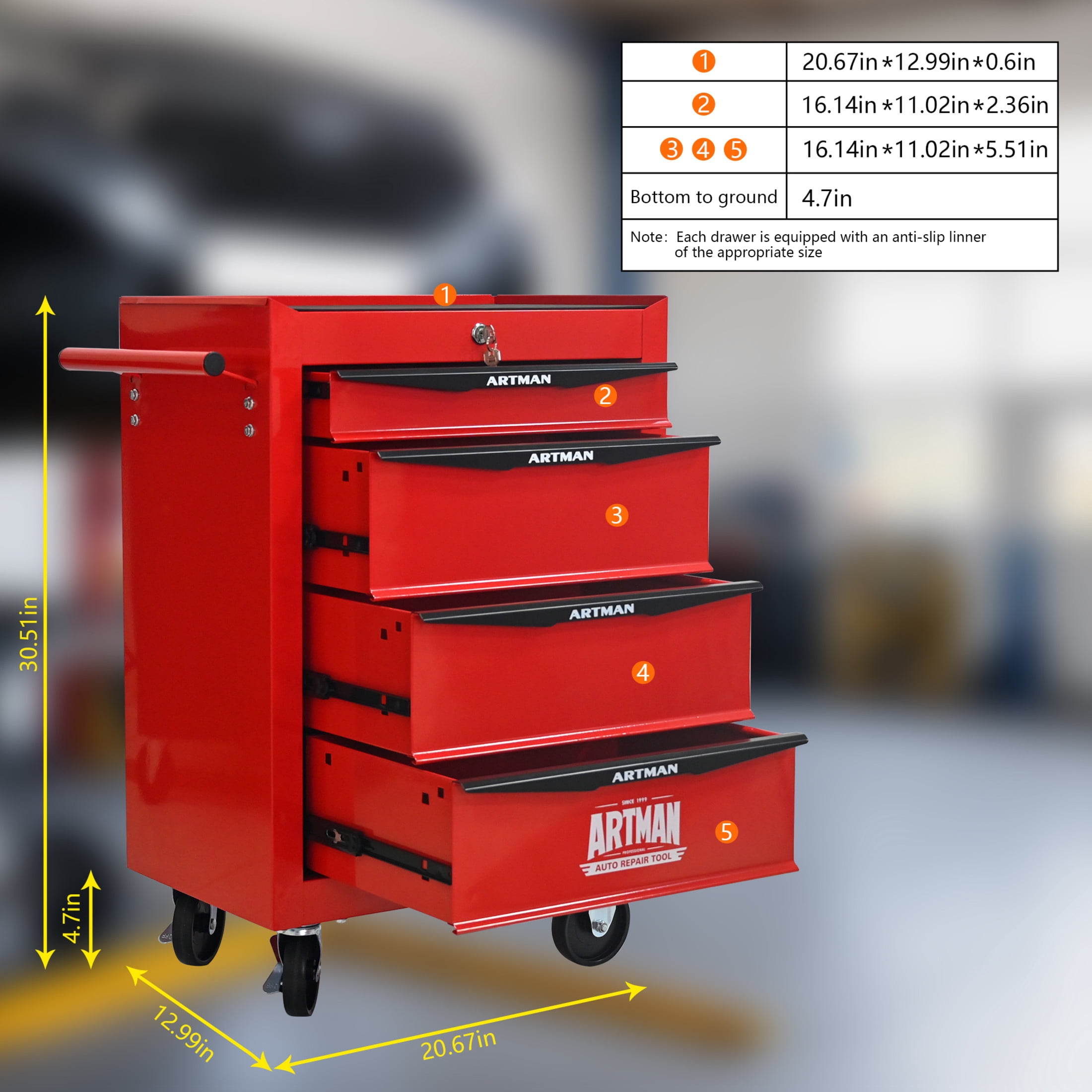 Noble House 4-Drawer Mobile Steel Tool Organizer with Key Lock, Ball Bearing Slide Storage Cabinet Box, Red