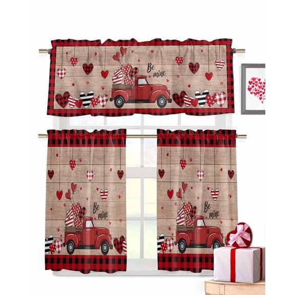 Valentine's Day Kitchen Curtains Valances and Tiers Set of 3, 24 Inch Length Tier Curtains and Valance Rod Pocket Valance Curtains Set for Kitchen Bathroom Small Windows