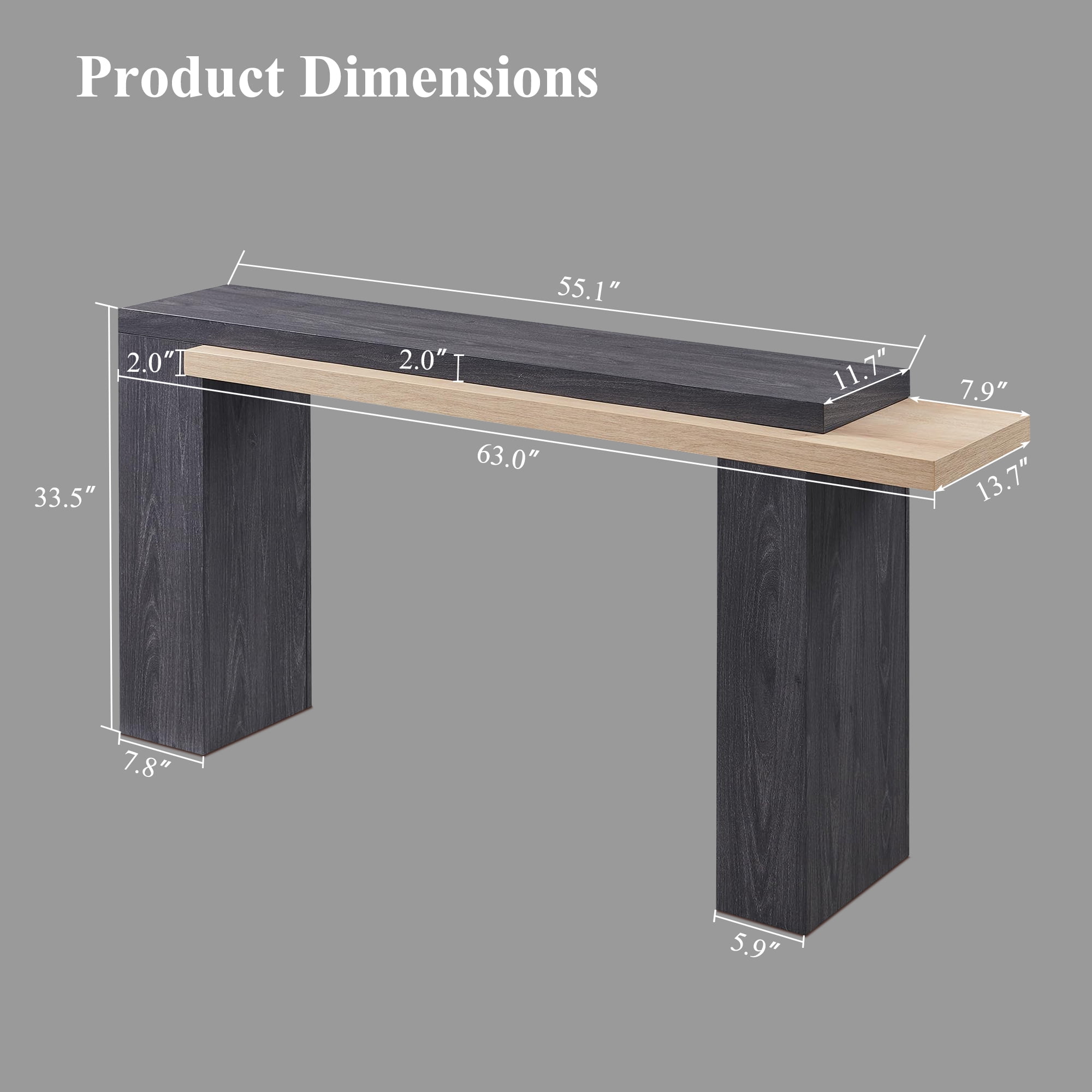 KeyWhat 63" Entryway Console Table, Wooden Modern Sofa Table Behind Couch, Dual-Level Countertop Design for Hallway, Entryway, Living Room, Natural Oak & Dark Alder